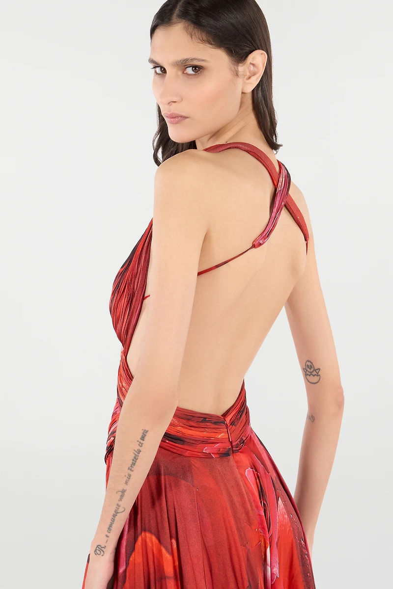 Long Dress With Rose Print And Cut-Out