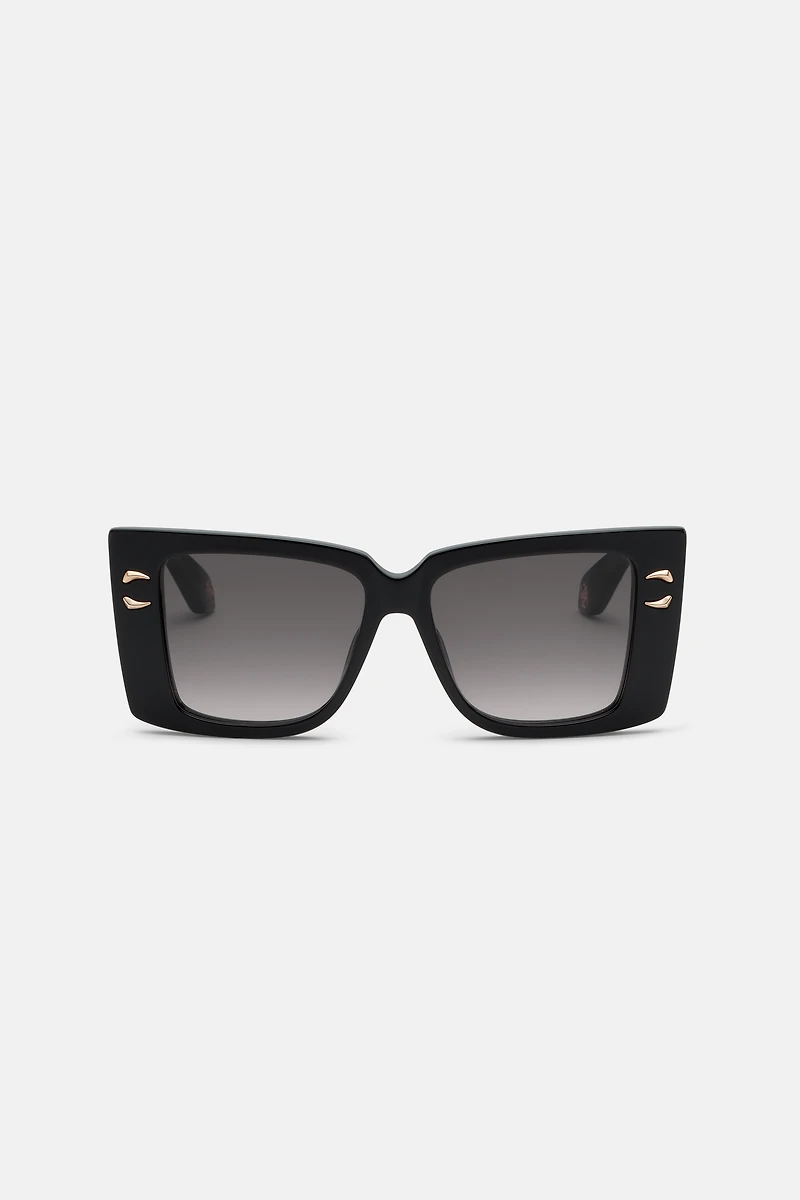 Sunglasses with wide rectangualr front with fangs