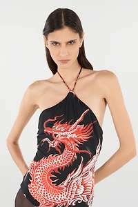 Bodysuit With Dragon, Flowers And Fans