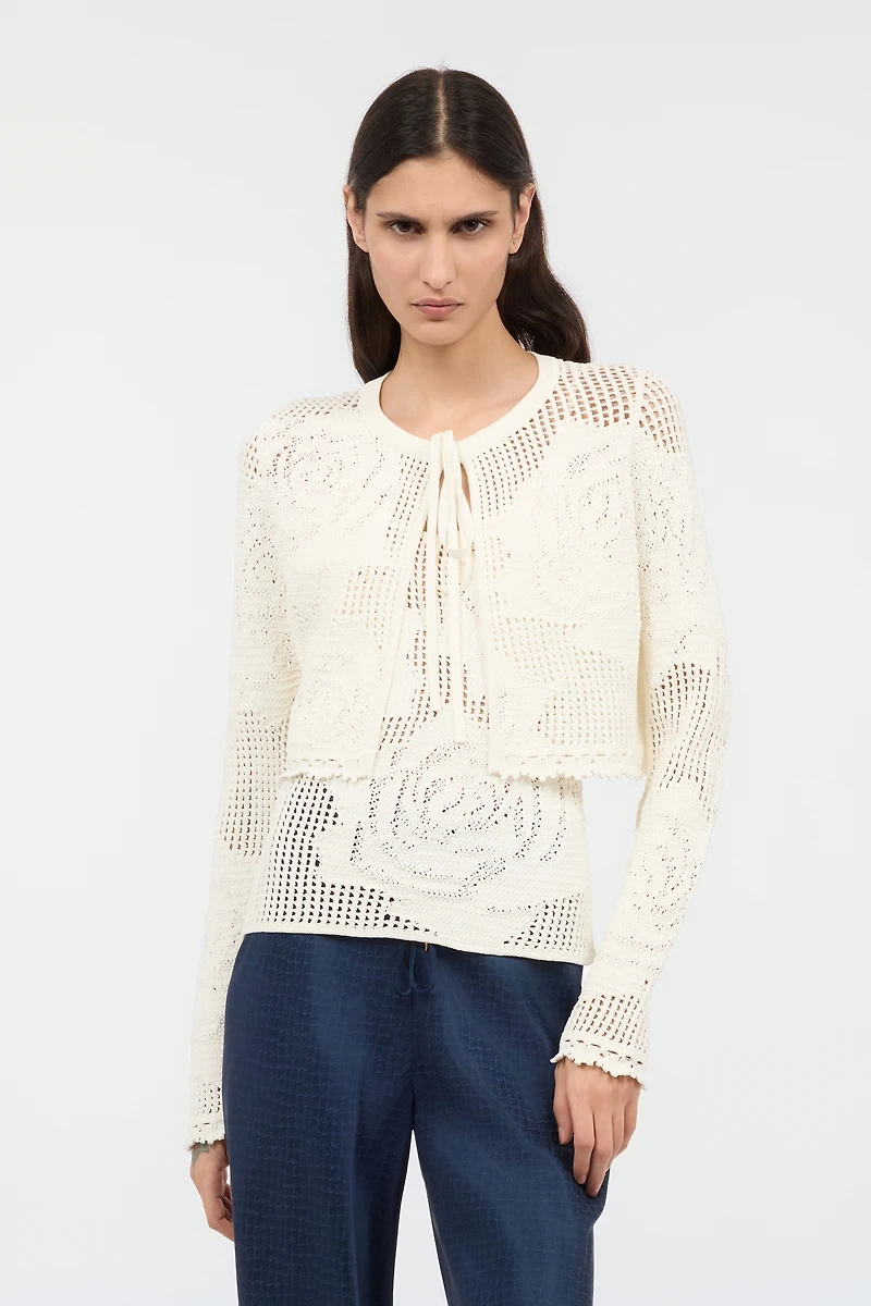Openwork Cropped Cardigan With Roses