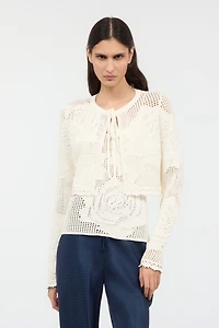 Openwork Cropped Cardigan With Roses