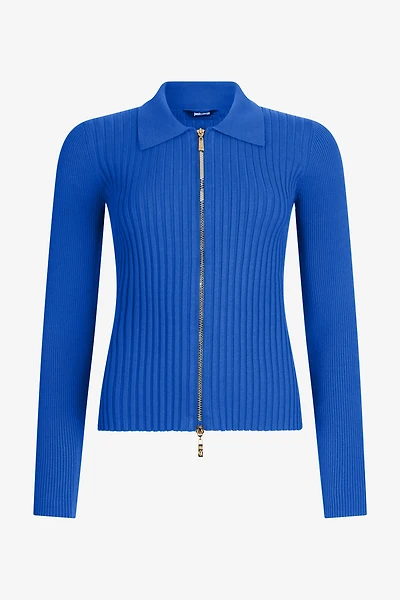 Blue Ribbed Zip-Up Sweater