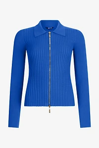 Blue Ribbed Zip-Up Sweater