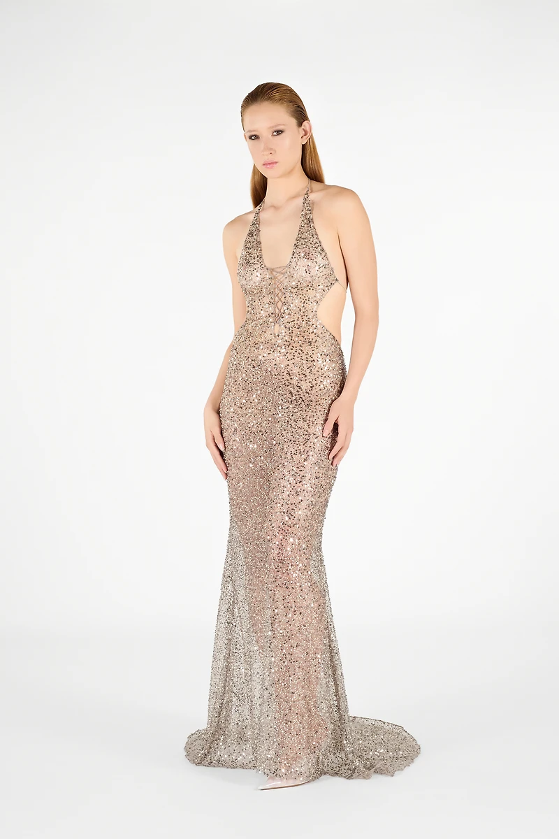 Sequin Halter Neck Maxi Dress