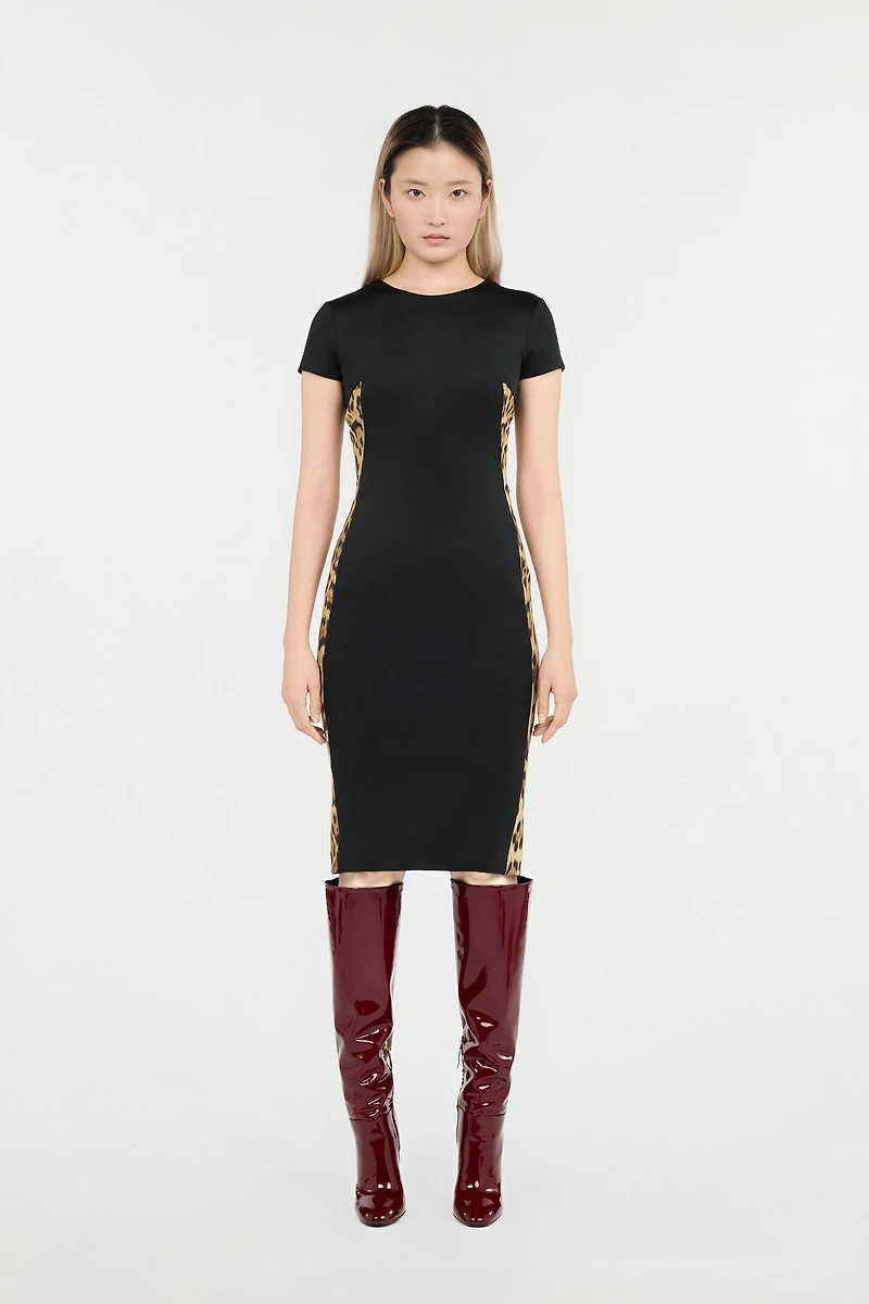 Black Midi Dress With Leopard Print Panels