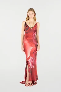 Long Dress With Rose Print And Bejeweled Tiger