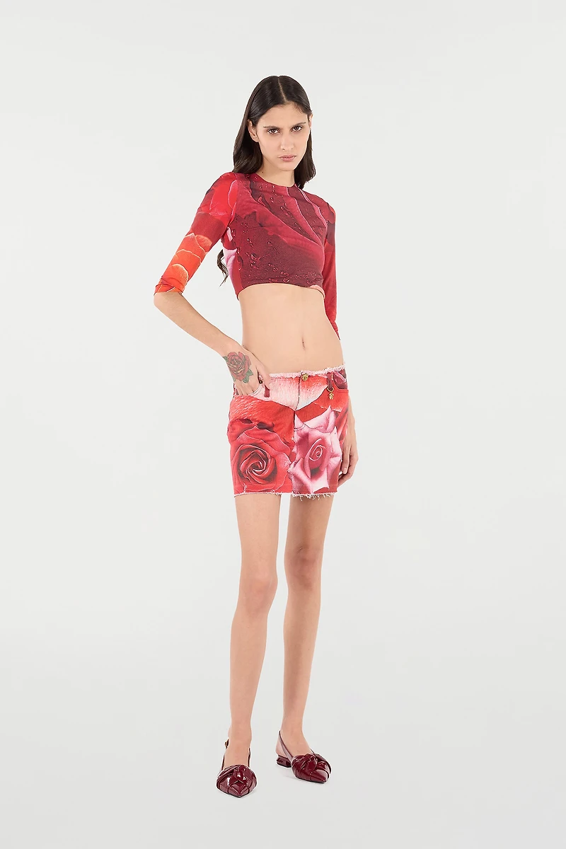 Miniskirt With Rose Print And Charm