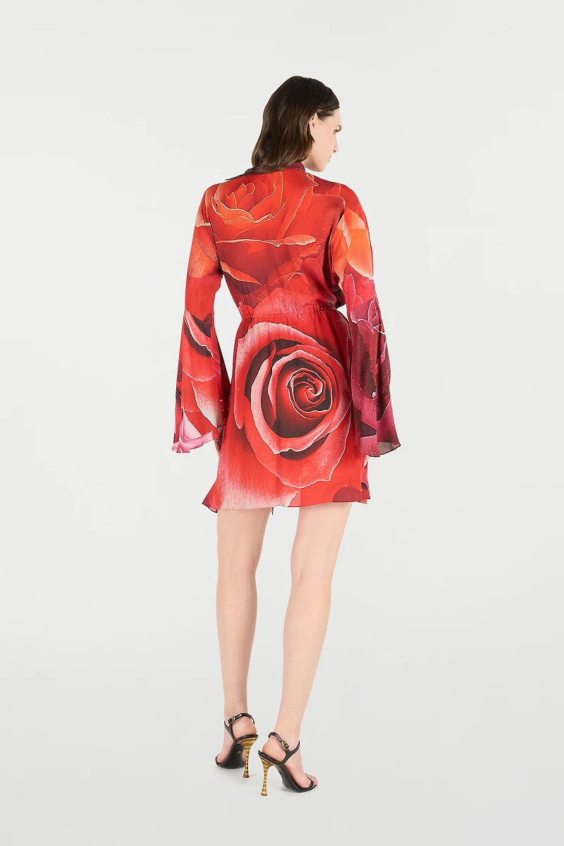 Rose-Print Mini Dress With Pussy-Bow