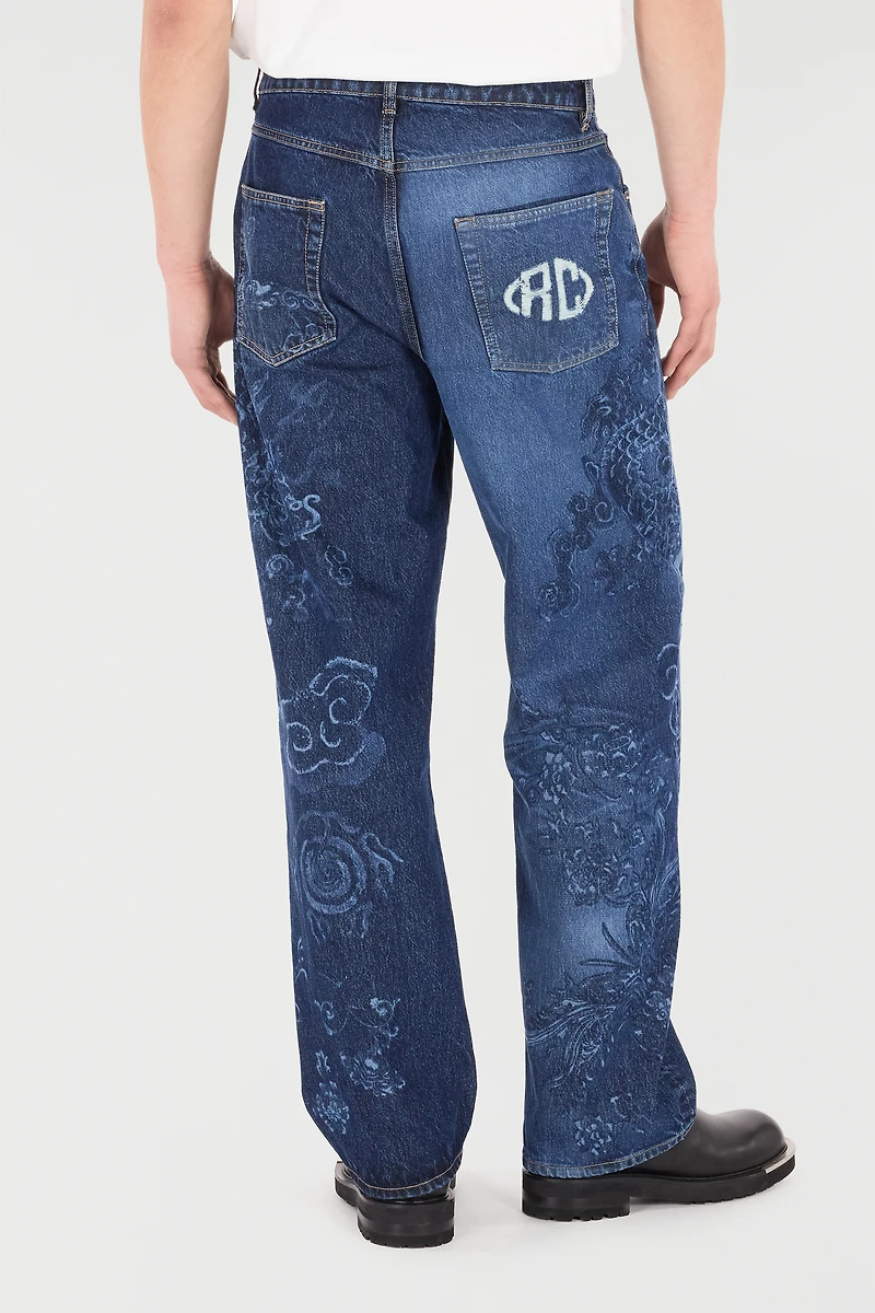Jeans With Dragon And Floral Pattern