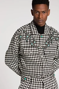 Turquoise-Embellished Gingham Jacket