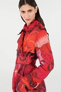 Long Crinkle-Effect Trench Coat With Rose Print
