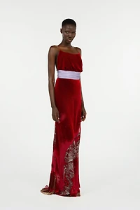 Long Dark Red Dress With Marine Print