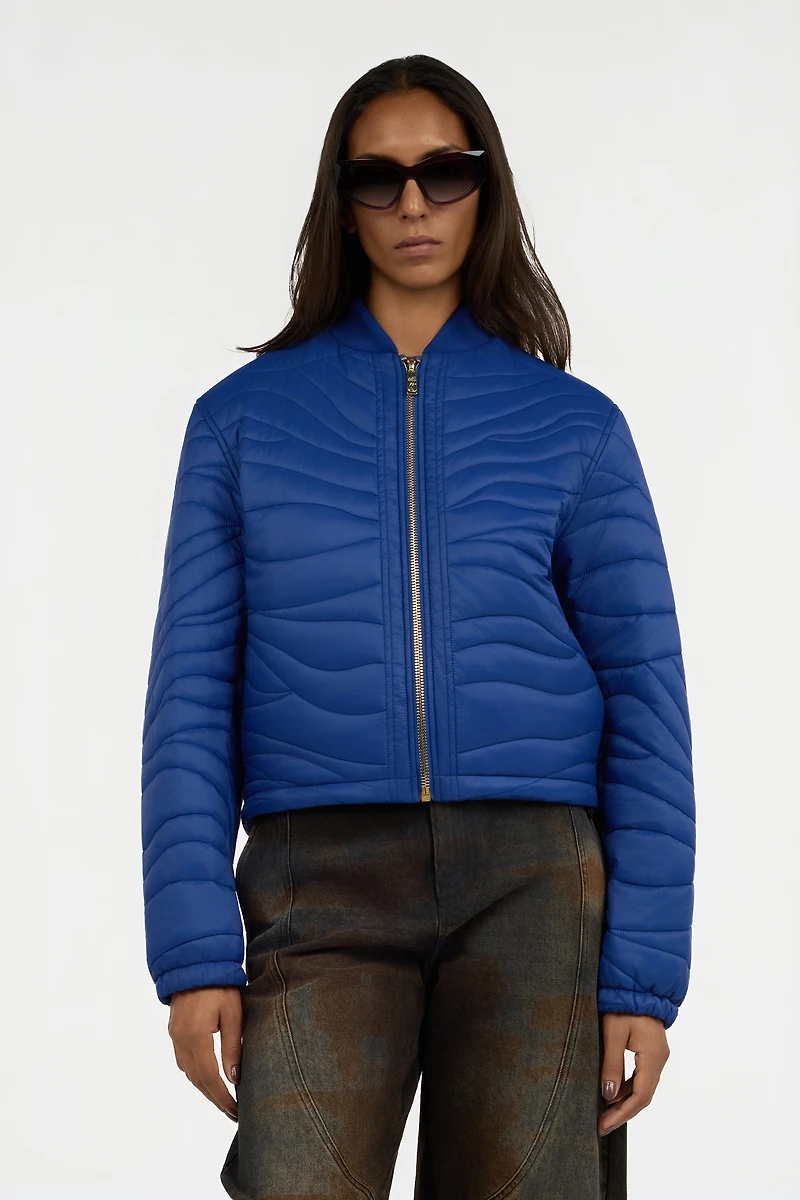 Blue Quilted Bomber Jacket