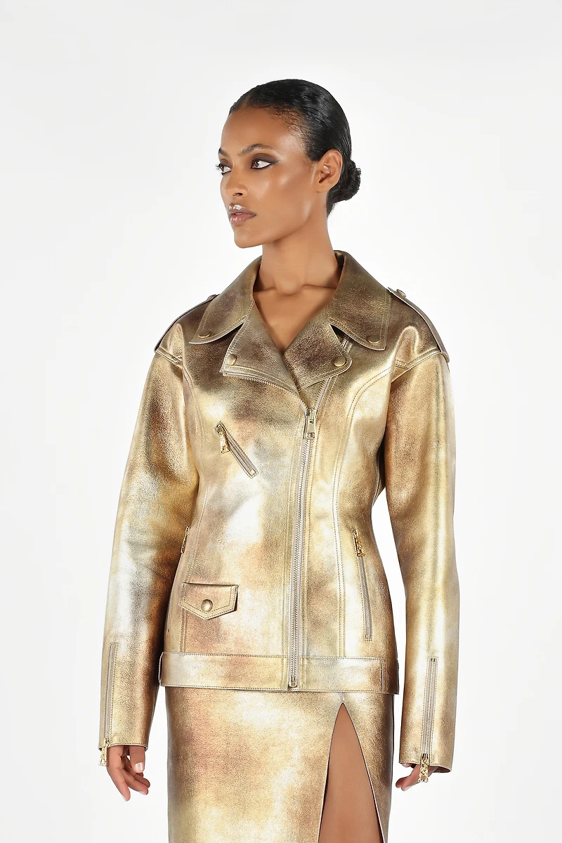 Metallic Effect Biker Jacket