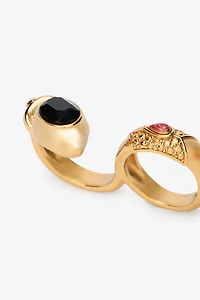 Three-Finger Golden Ring With Black Stones And Ruby