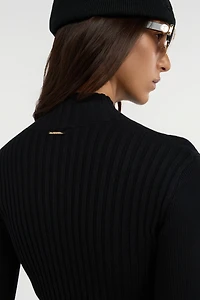 Black Ribbed-Knit Zip-Front Midi Dress