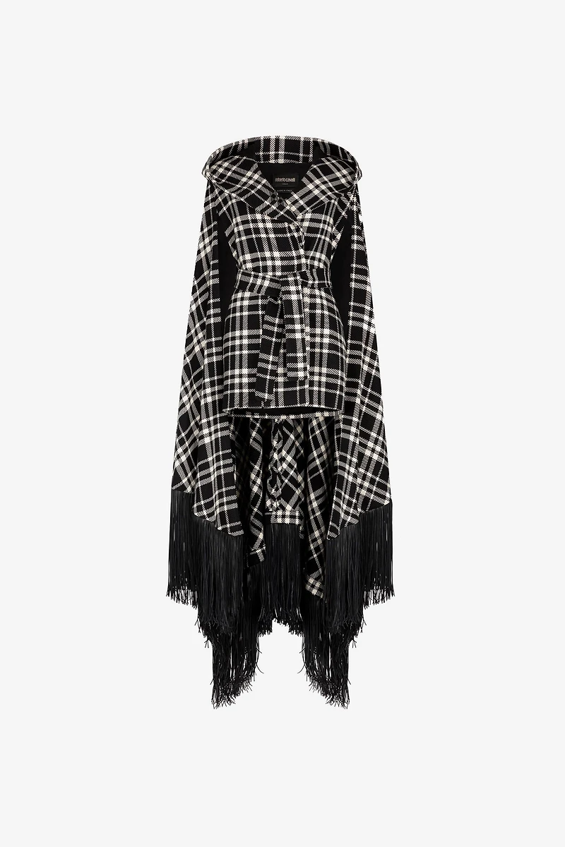 Fringe-Trimmed Plaid Hooded Cape