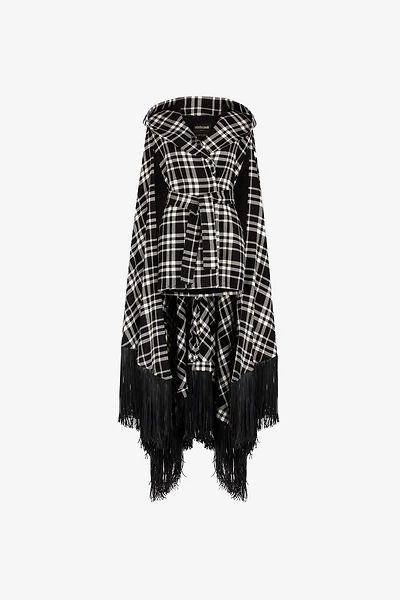 Fringe-Trimmed Plaid Hooded Cape