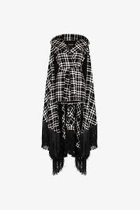 Fringe-Trimmed Plaid Hooded Cape
