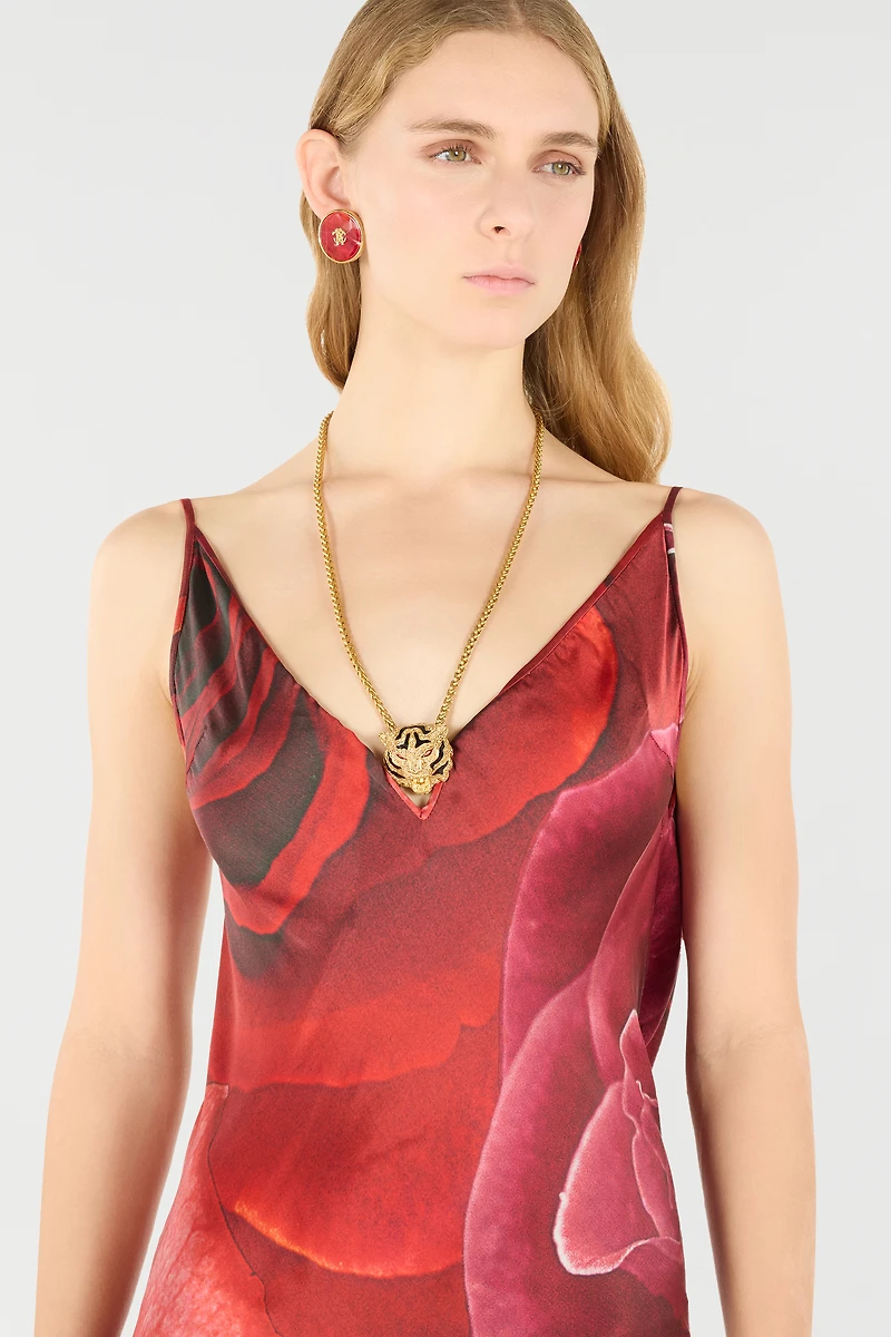 Long Dress With Rose Print And Bejeweled Tiger