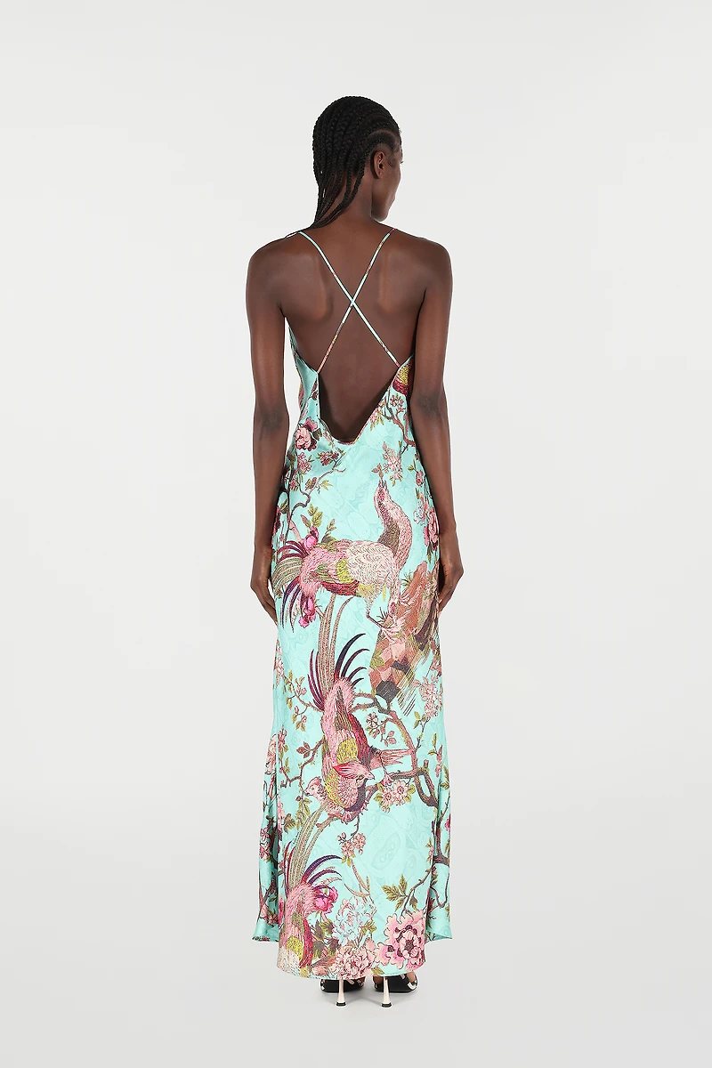 Slip Dress With Oriental Bird Print