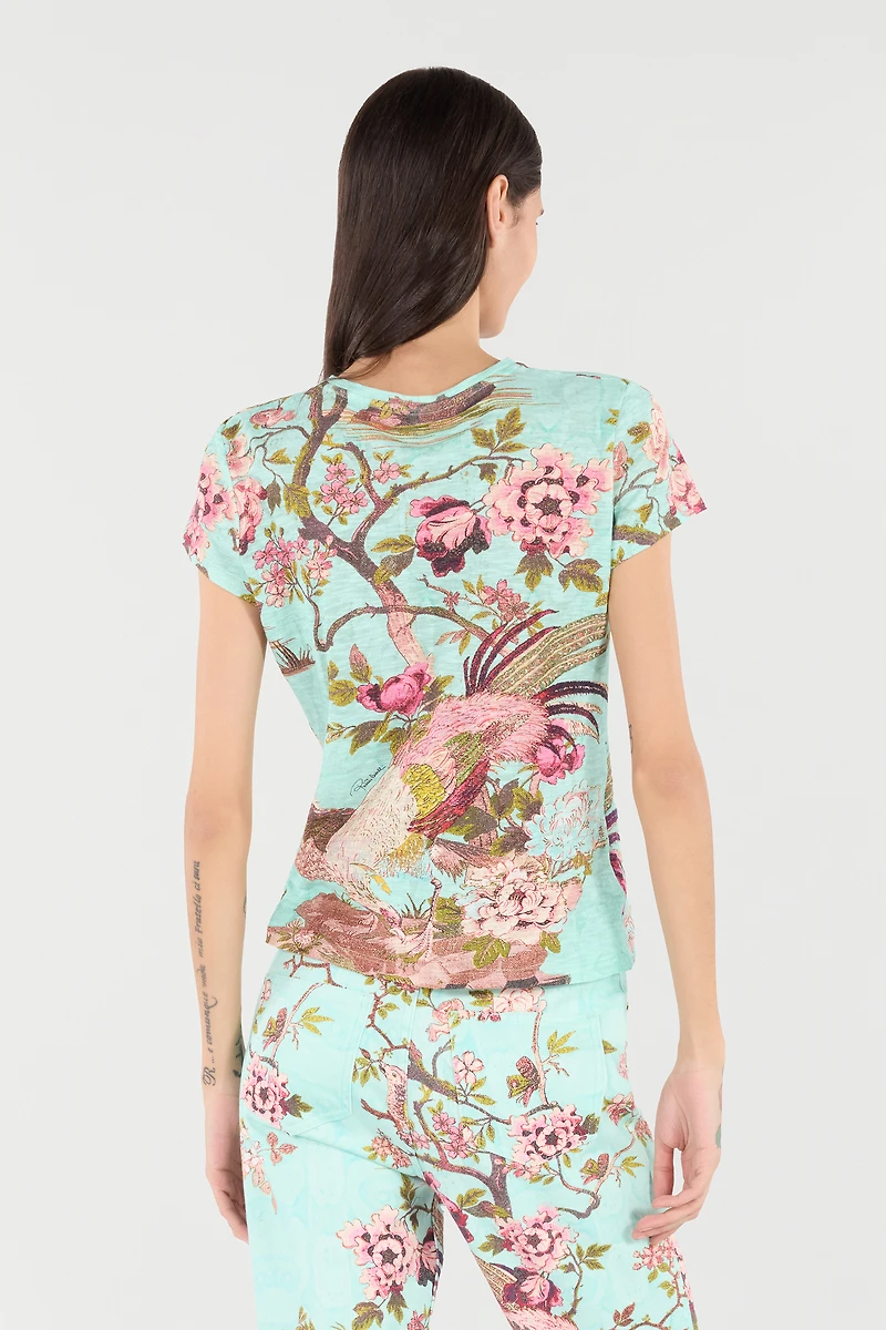 T-Shirt With Oriental Bird Print