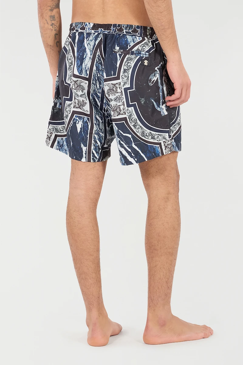 Swim Shorts With Fang And Marble Print