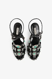Gemstone-detail leather platform sandals