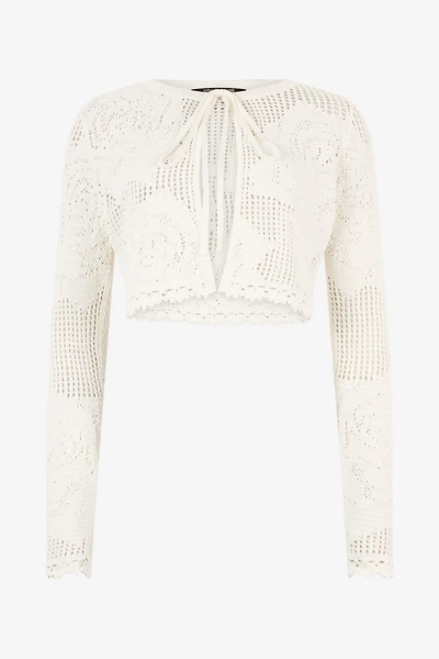 Openwork Cropped Cardigan With Roses