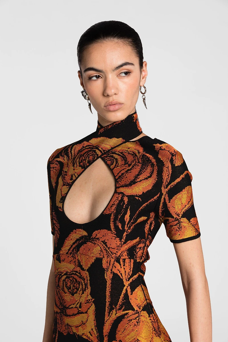 Rose-Jacquard Cut-Out Mini Dress