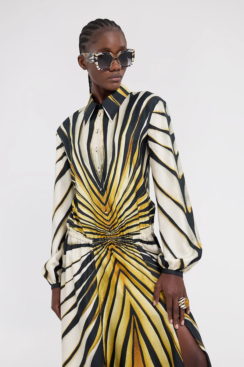 Ray Of Gold Print Silk Midi Dress
