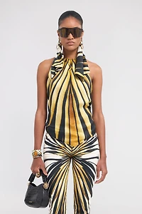 Ray Of Gold Print Silk Halter Top