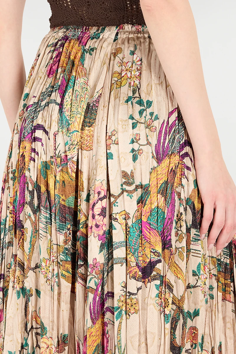 Midi Skirt With Oriental Bird Print