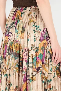 Midi Skirt With Oriental Bird Print