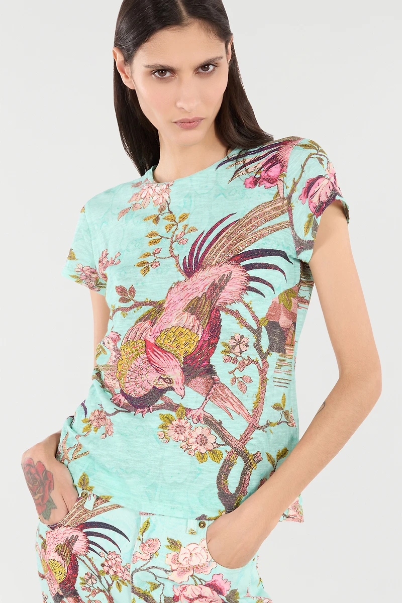 T-Shirt With Oriental Bird Print