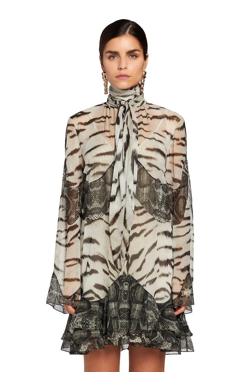 Mixed-printsilk mini dress