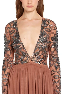 Long V-neck sequin embroidered dress