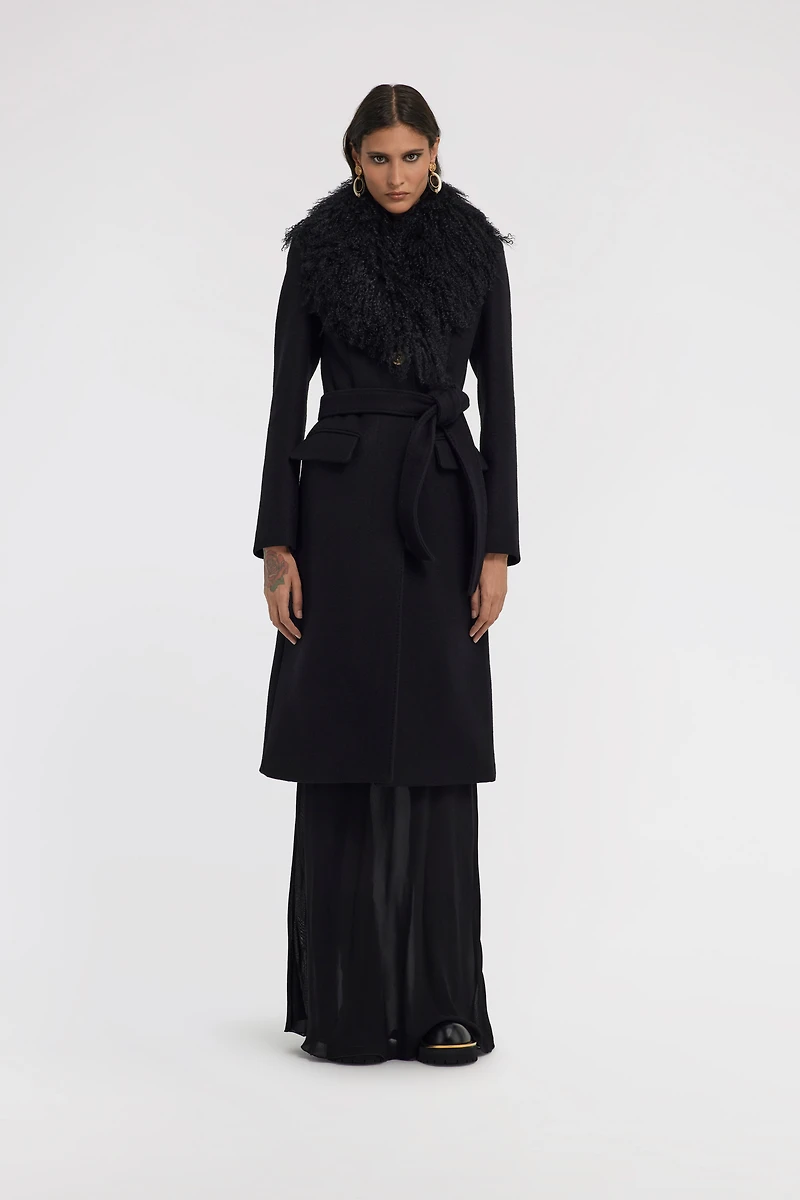 Black Virgin Wool Coat With Fur Collar