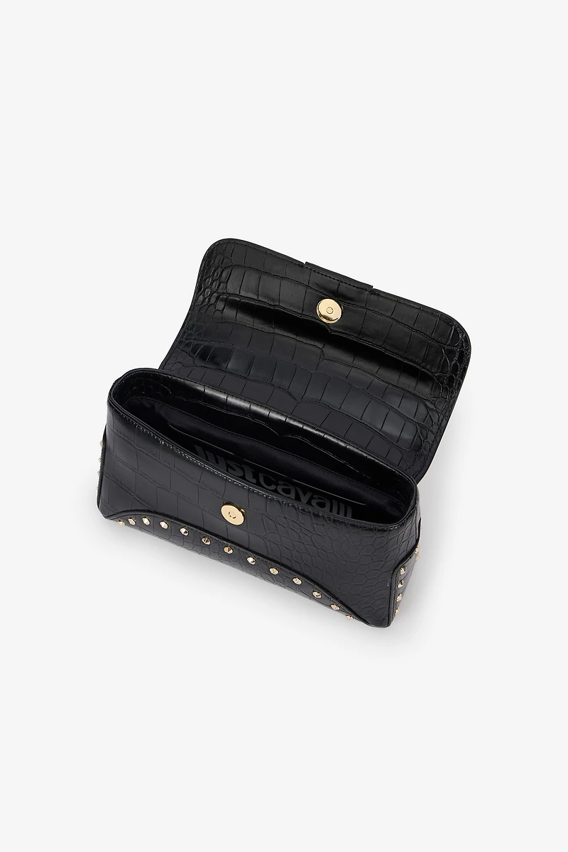 Black Croc-Effect Studded Shoulder Bag