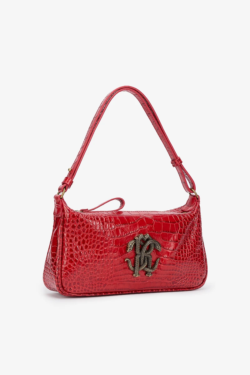 Red Croc-Embossed Shoulder Bag With Mirror Snake