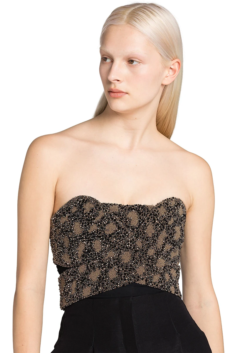 Bead-Embellished Wrap-Effect Bodysuit