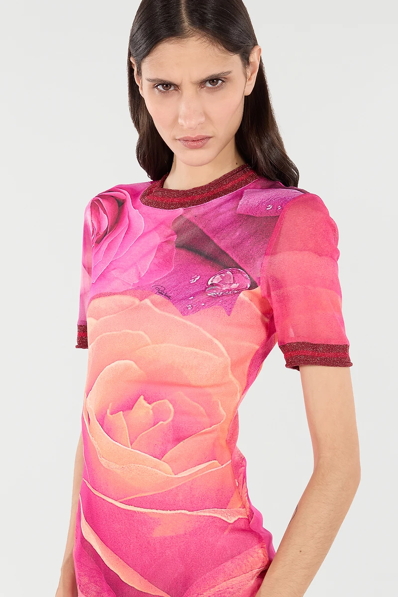 Short Rose-Print Dress With Glittery Trims