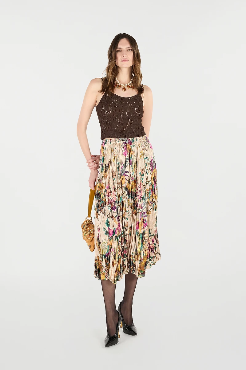 Midi Skirt With Oriental Bird Print