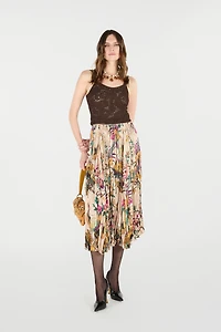 Midi Skirt With Oriental Bird Print