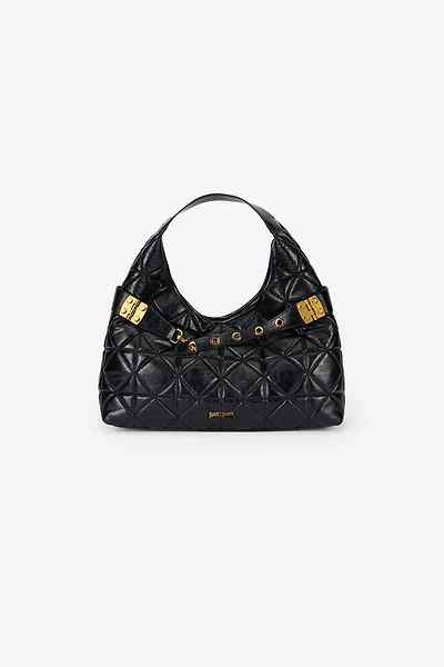 Black Quilted Shoulder Bag With Buckles