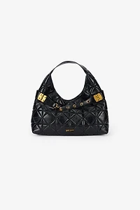 Black Quilted Shoulder Bag With Buckles