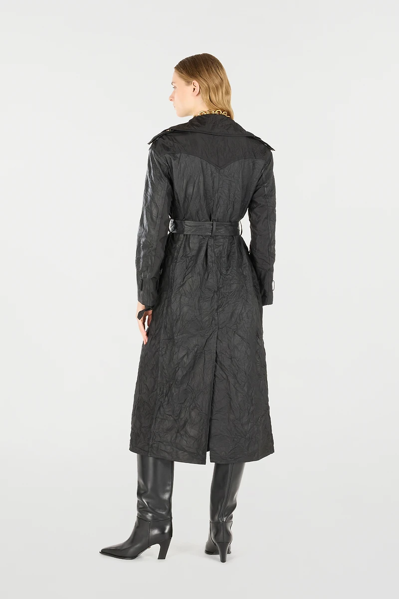 Long Crinkle-Effect Trench Coat
