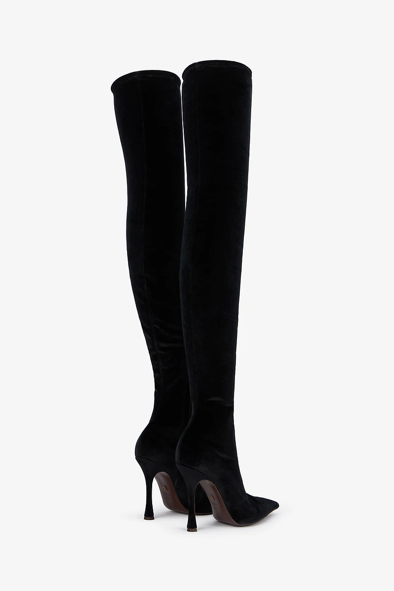 Black Satin Pointed-Toe Thigh High Boots