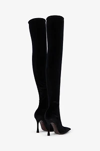 Black Satin Pointed-Toe Thigh High Boots