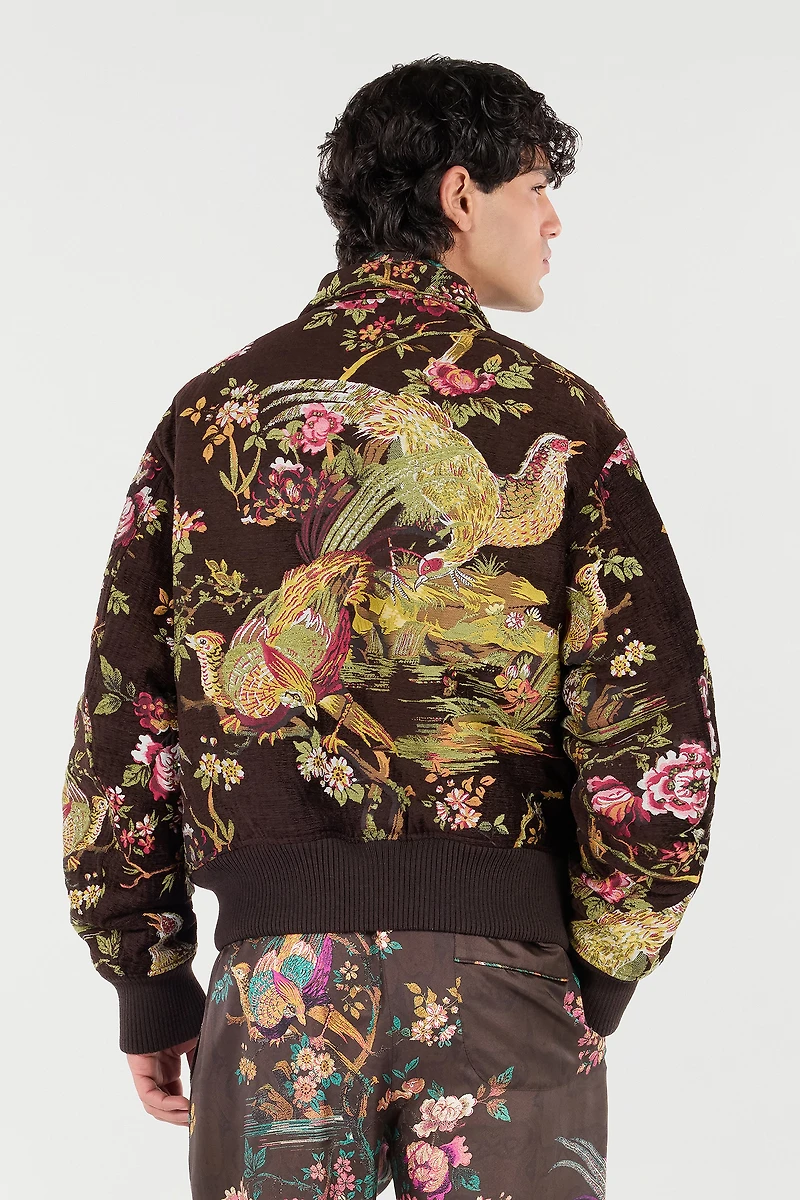 Bomber Jacket With Oriental Bird Print